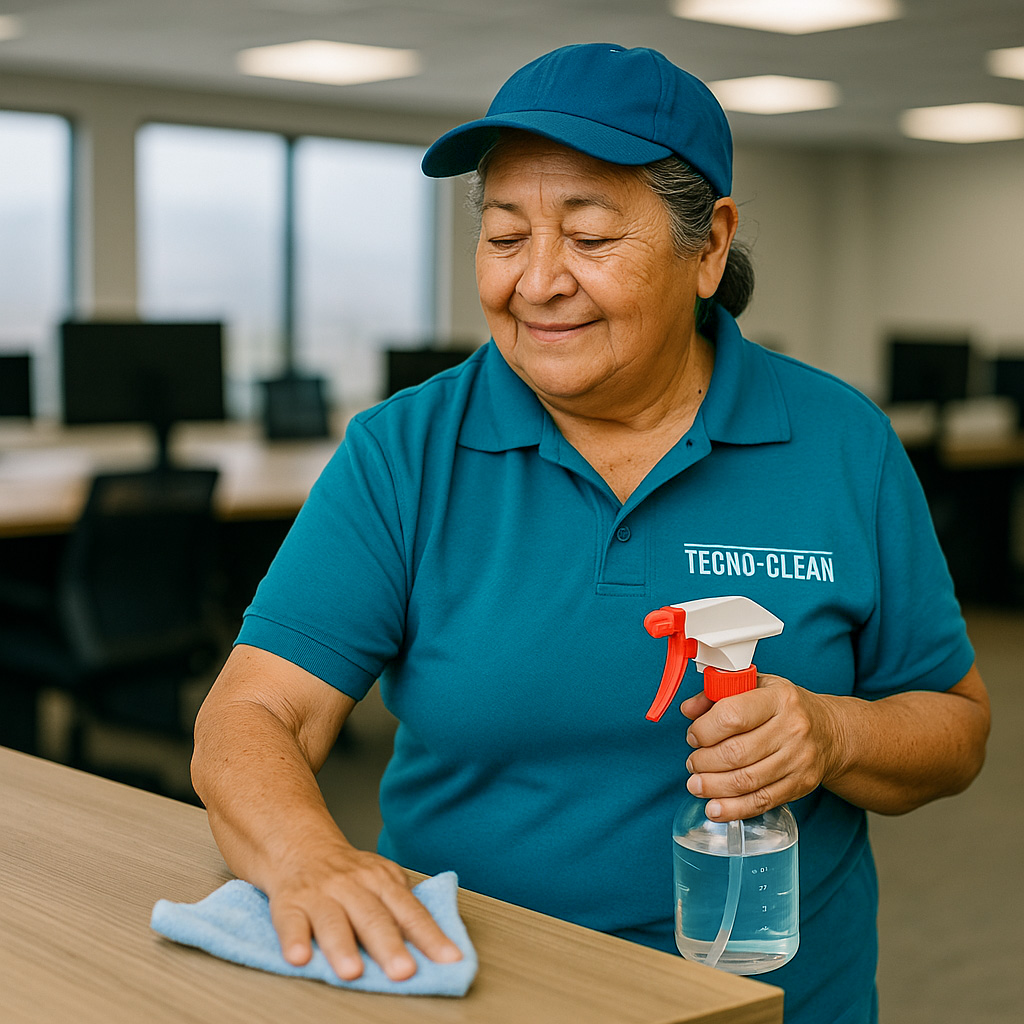 Una mujer mayor en uniforme azul que dice TECNO-CLEAN, limpiando una mesa con un paño y sosteniendo un spray con líquido para limpieza en una oficina.