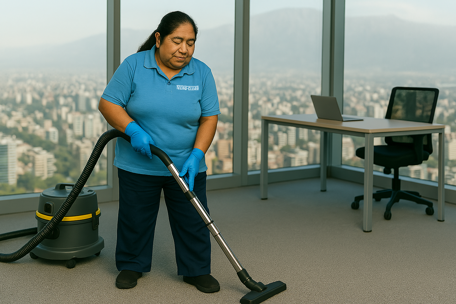 Una mujer limpiando con aspiradora en una oficina moderna con vista a la ciudad.