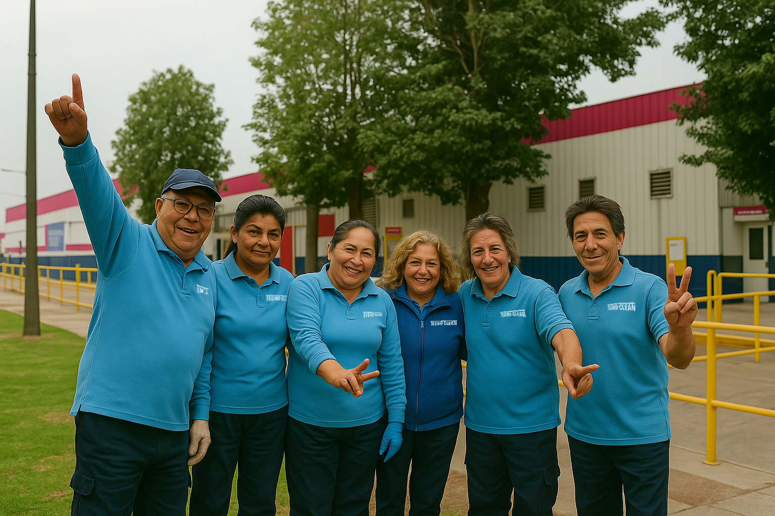 Grupo de seis personas con uniformes azules en un parque, sonriendo y haciendo gestos de paz o señal de victoria.