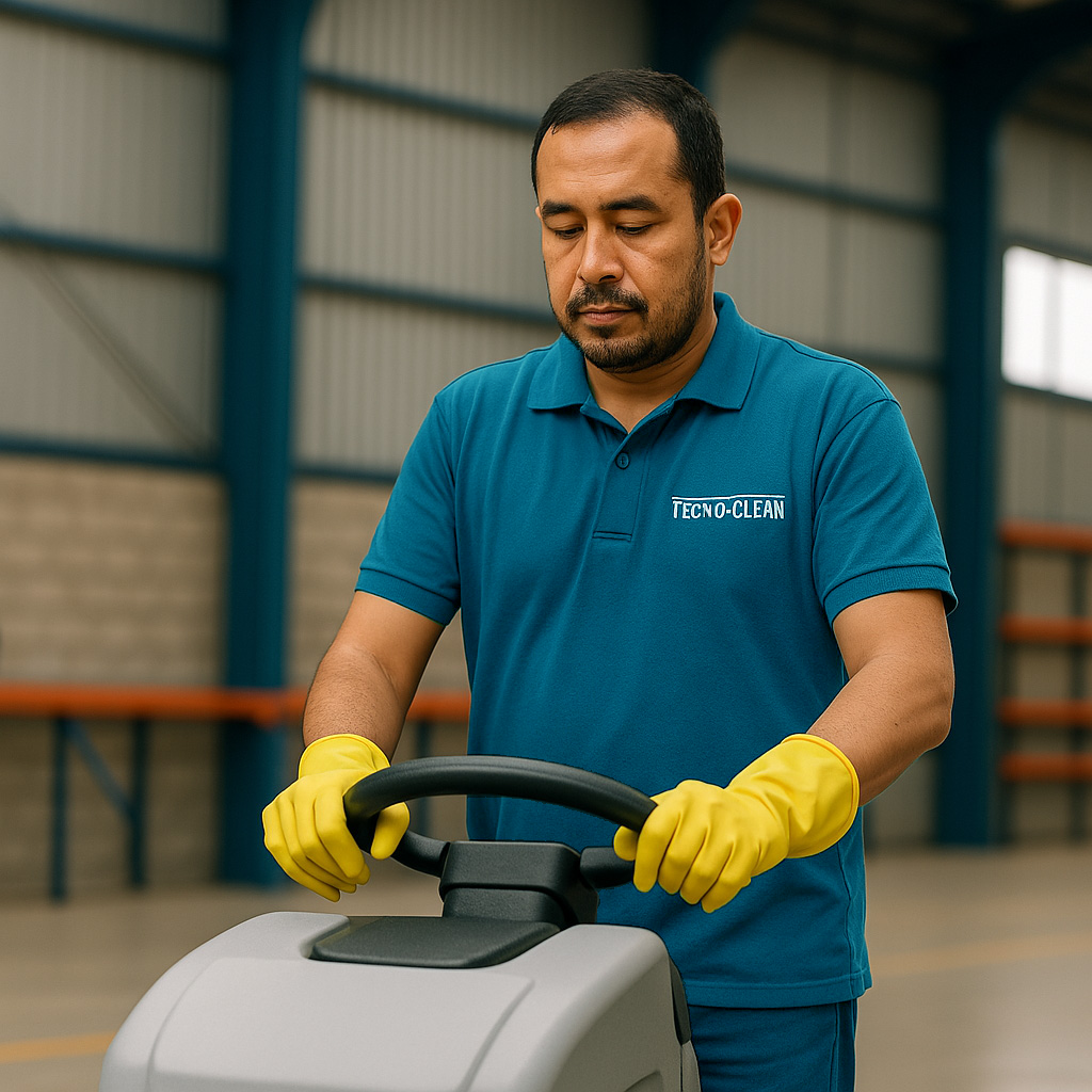 Hombre con uniforme azul y guantes amarillos limpiando una máquina en un almacén industrial.