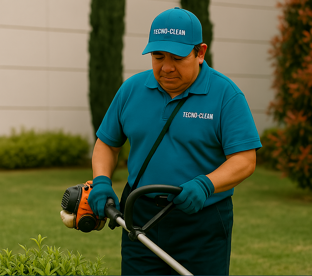 Hombre con uniforme azul que usa guantes y gorra que dice TECNO-CLEAN, usando una máquina de poda en el jardín.
