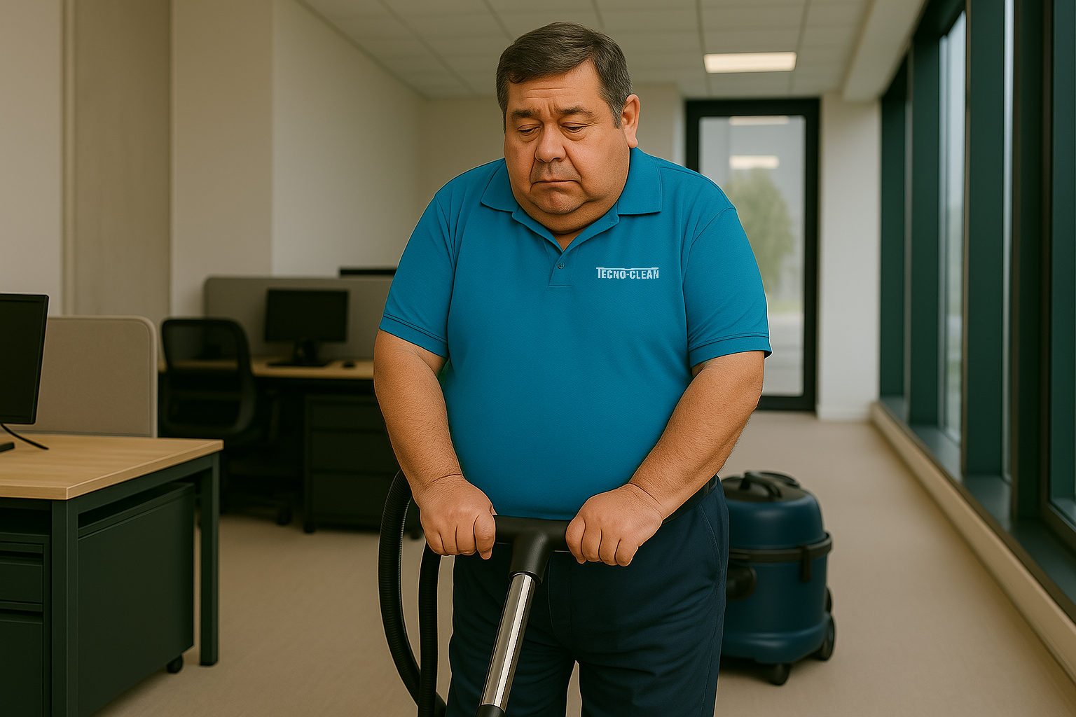 Hombre con camiseta azul que limpia con una aspiradora en una oficina