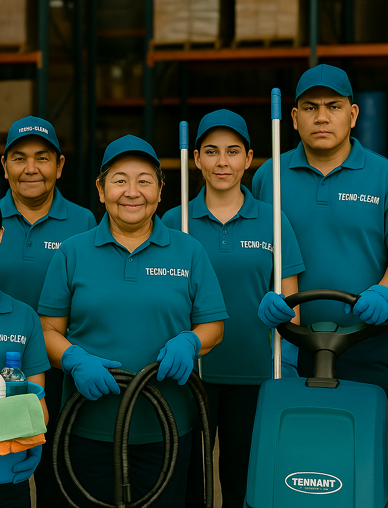 Cuatro empleados de limpeza usando uniformes azules con guantes y gorros, sosteniendo equipo de limpieza en un almacén