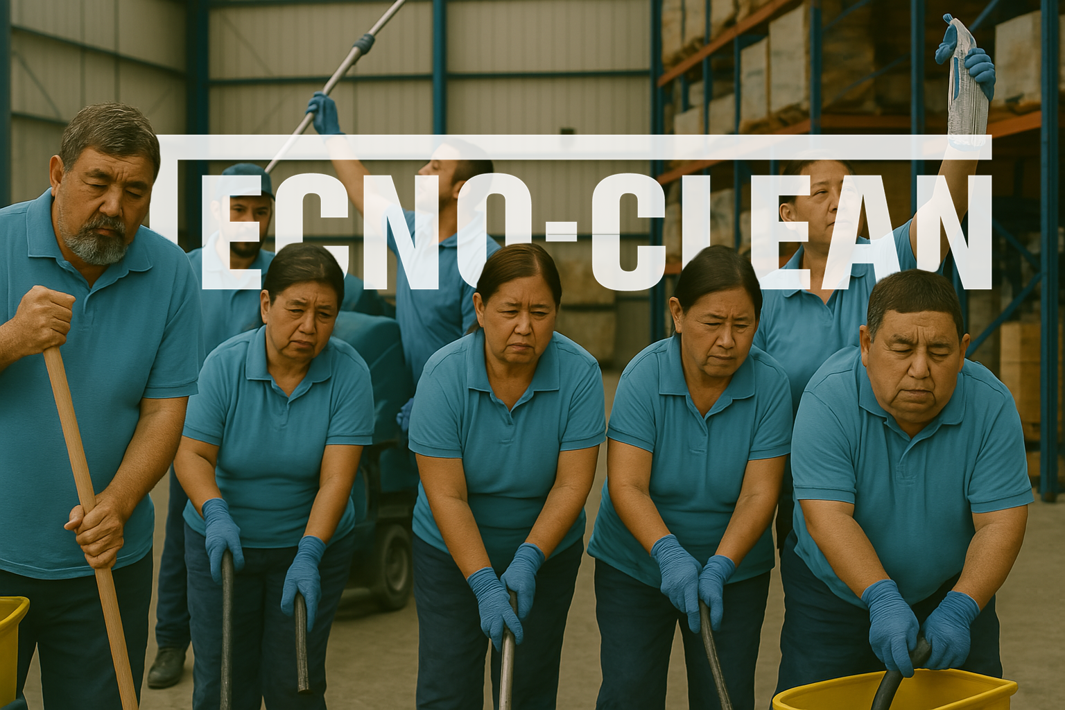 Grupo de trabajadores en un almacén, algunos con guantes y uniformes azules, realizando limpieza o tareas de mantenimiento.
