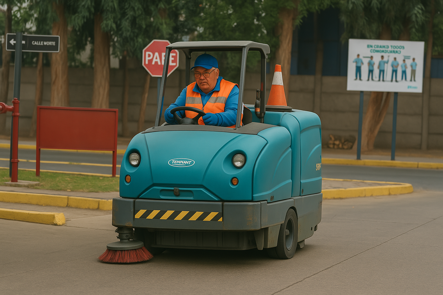 Persona limpiando el suelo con una barredora industrial en la calle, usando uniformes de seguridad y un chaleco naranja