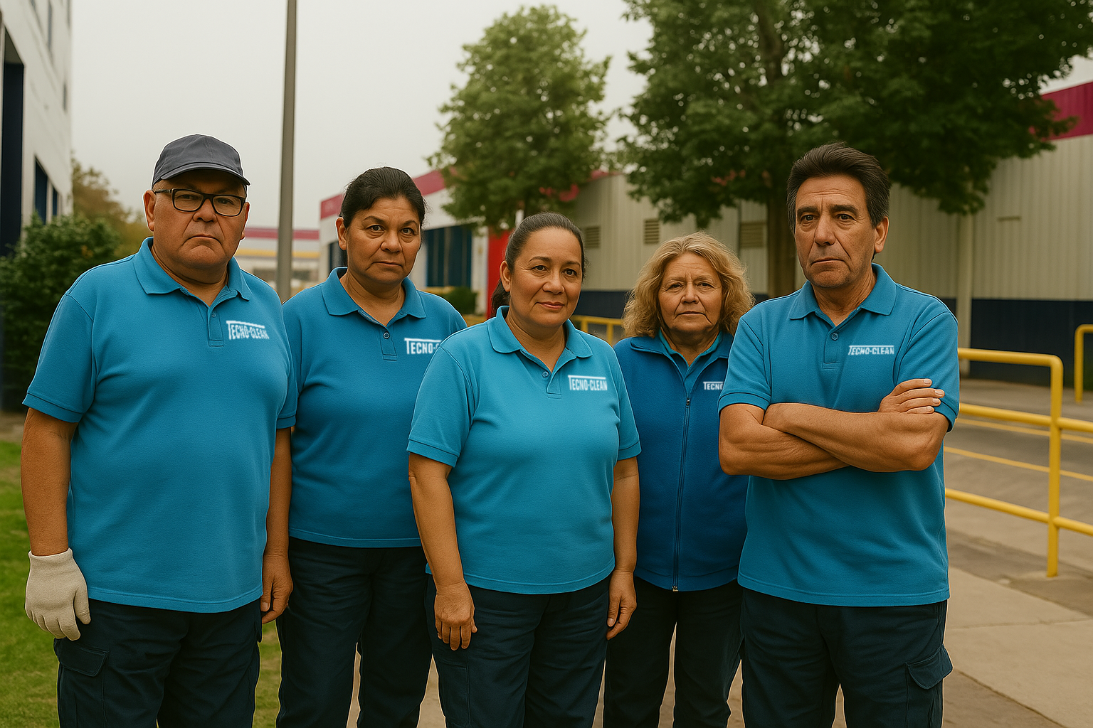 Grupo de cinco empleados con uniformes azules con el logo 'TECHO-CLEAN', de pie afuera en un área industrial con árboles y edificio de fondo.