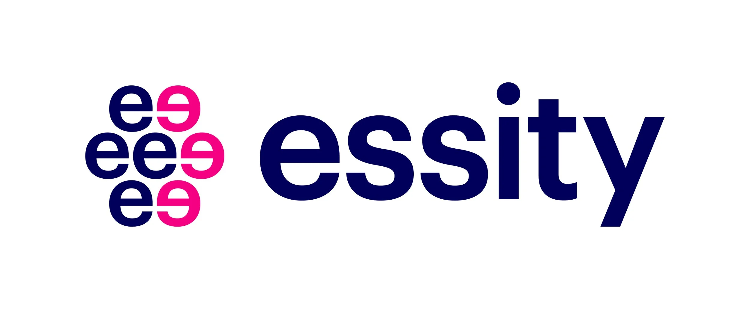 Logotipo de Essity con letras "e" en azul y rosa formando un patrón, y el nombre "essity" en azul al lado.