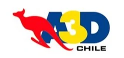 Logotipo de A3D Chile con un canguro rojo y letras en azul y amarillo.