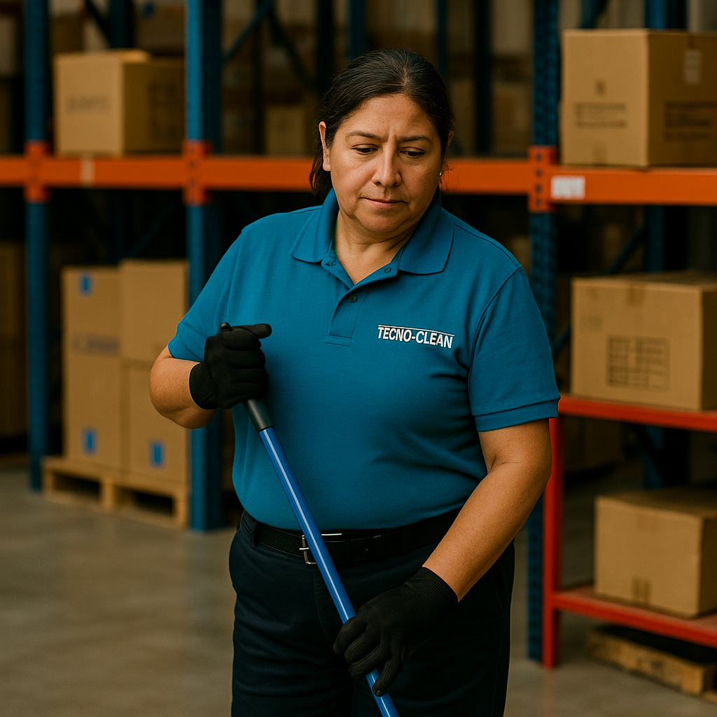 Mujer trabajando en un almacén, limpiando con una escoba, lleva camiseta azul con el logo TECNO-CLEAN.